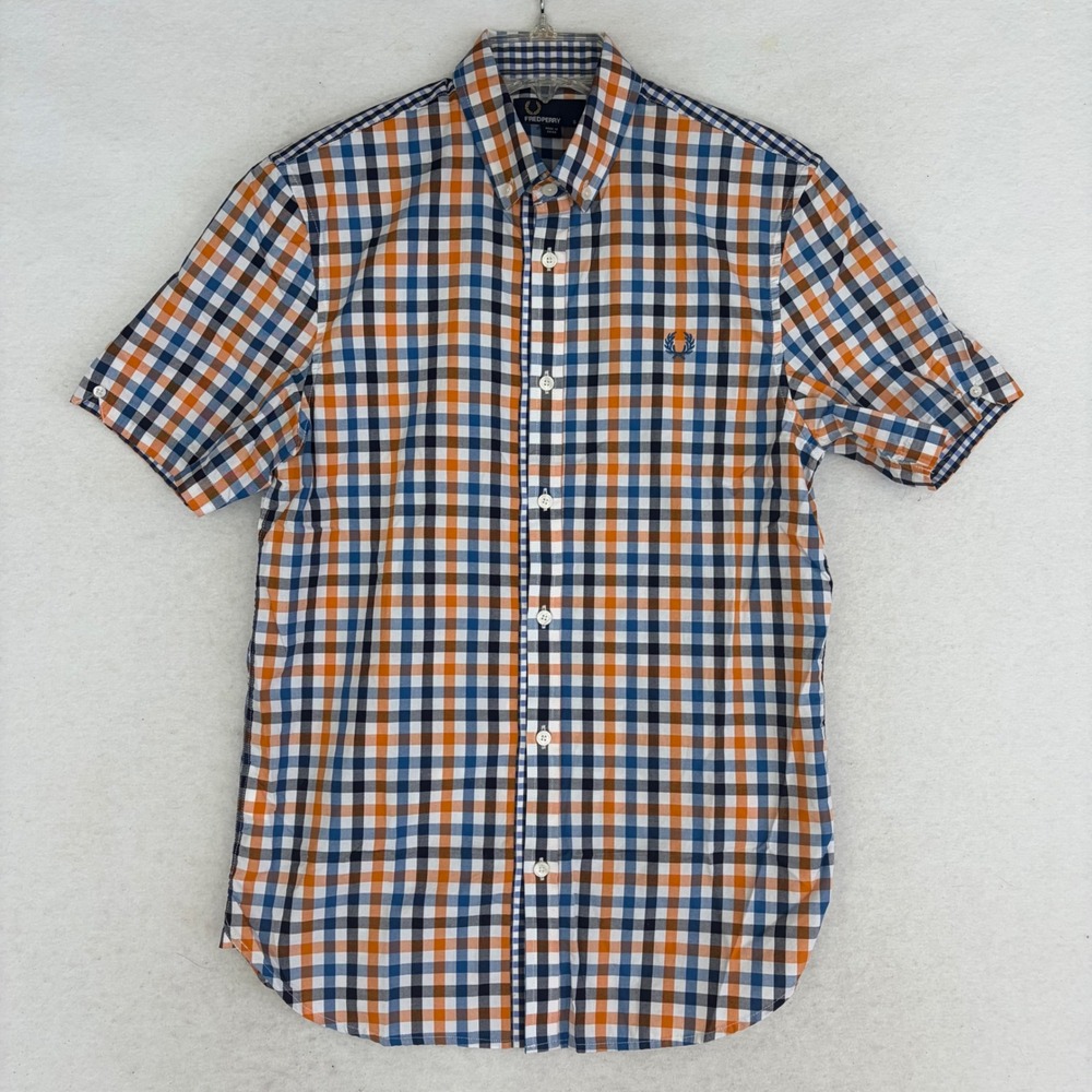 Fred Perry Button Down Shirt Mens Small Orange Navy Gingham M6399 Short Sleeve